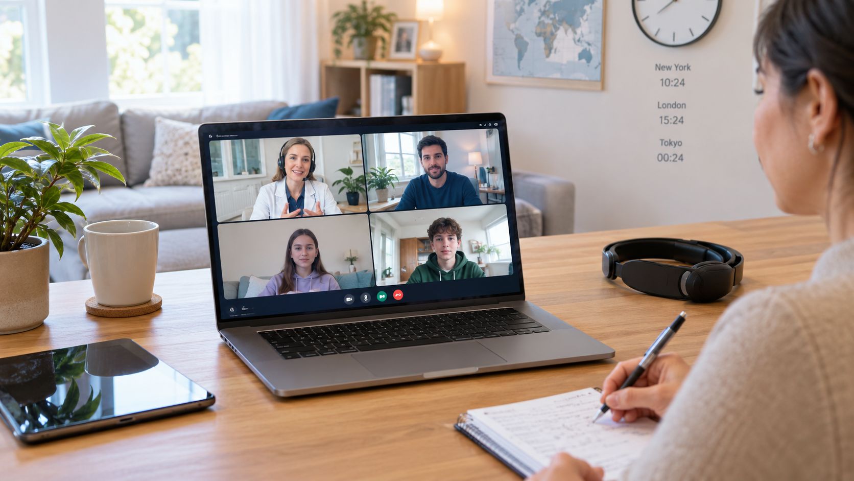 A woman working at a wooden desk with a laptop showing a four-person video conference call.