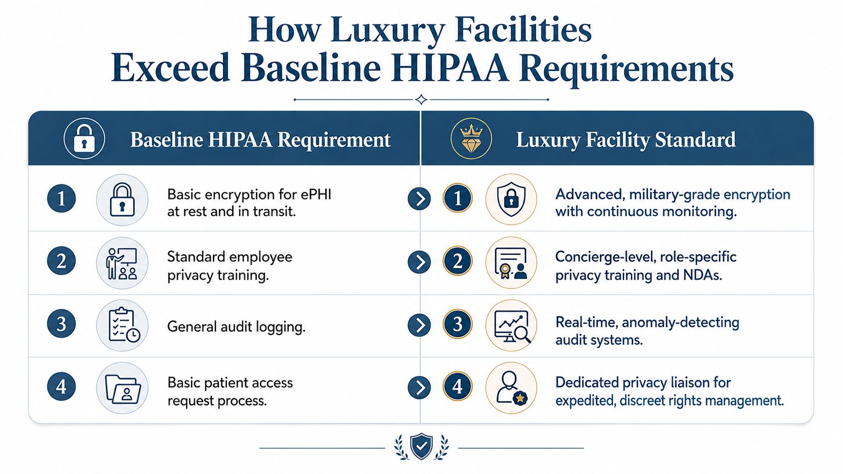 A comparison chart showing how luxury healthcare facilities exceed baseline HIPAA security and privacy requirements.