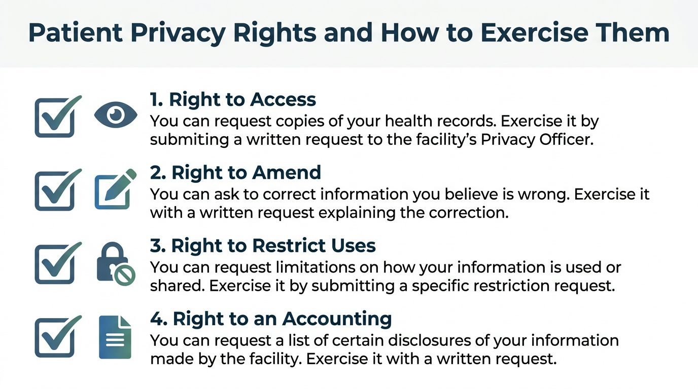A chart detailing patient privacy rights including access, amendment, restricting uses, and accounting for health information disclosures.