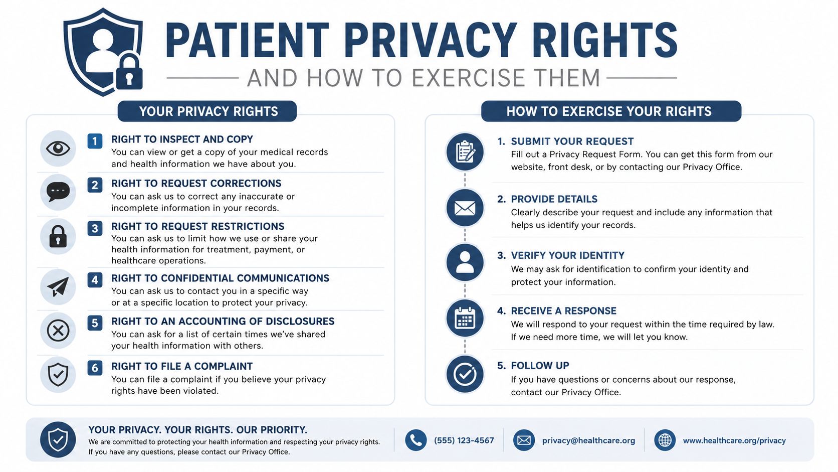 An infographic titled Patient Privacy Rights outlining legal rights for accessing medical records and how to exercise them.