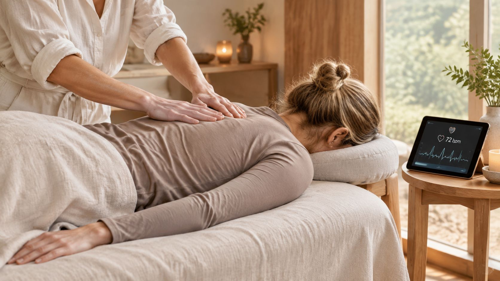 A massage therapist providing a soothing back massage to a client in a calming wellness studio setting.