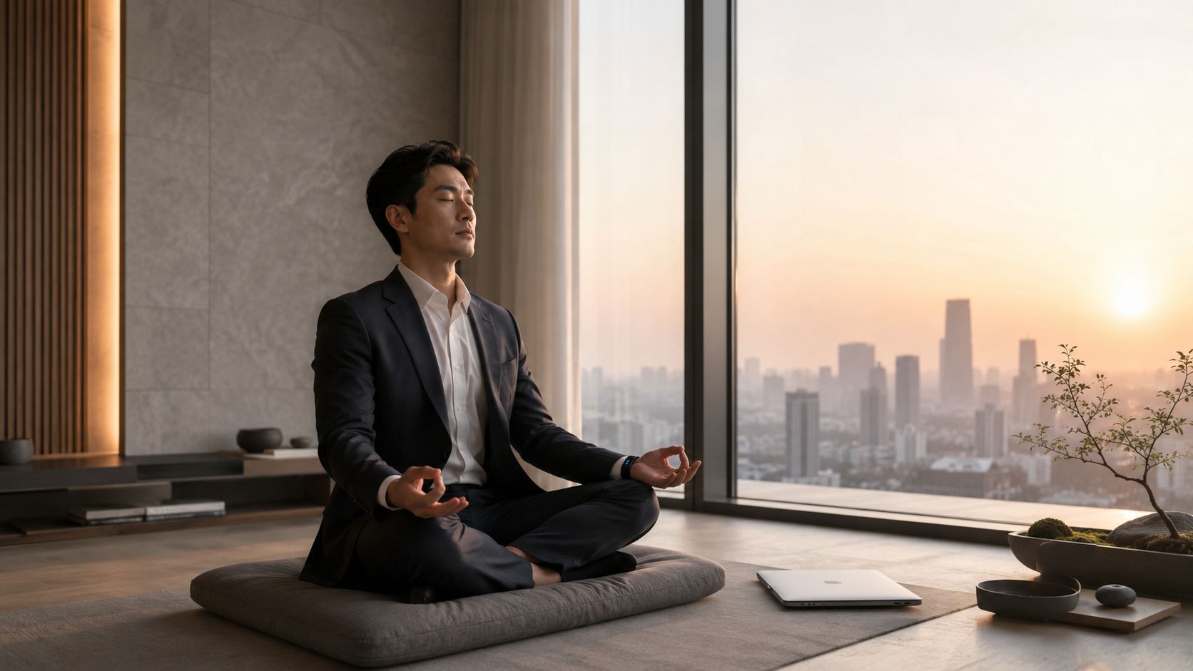 A professional man in a suit meditates on a cushion in his modern office at sunrise.