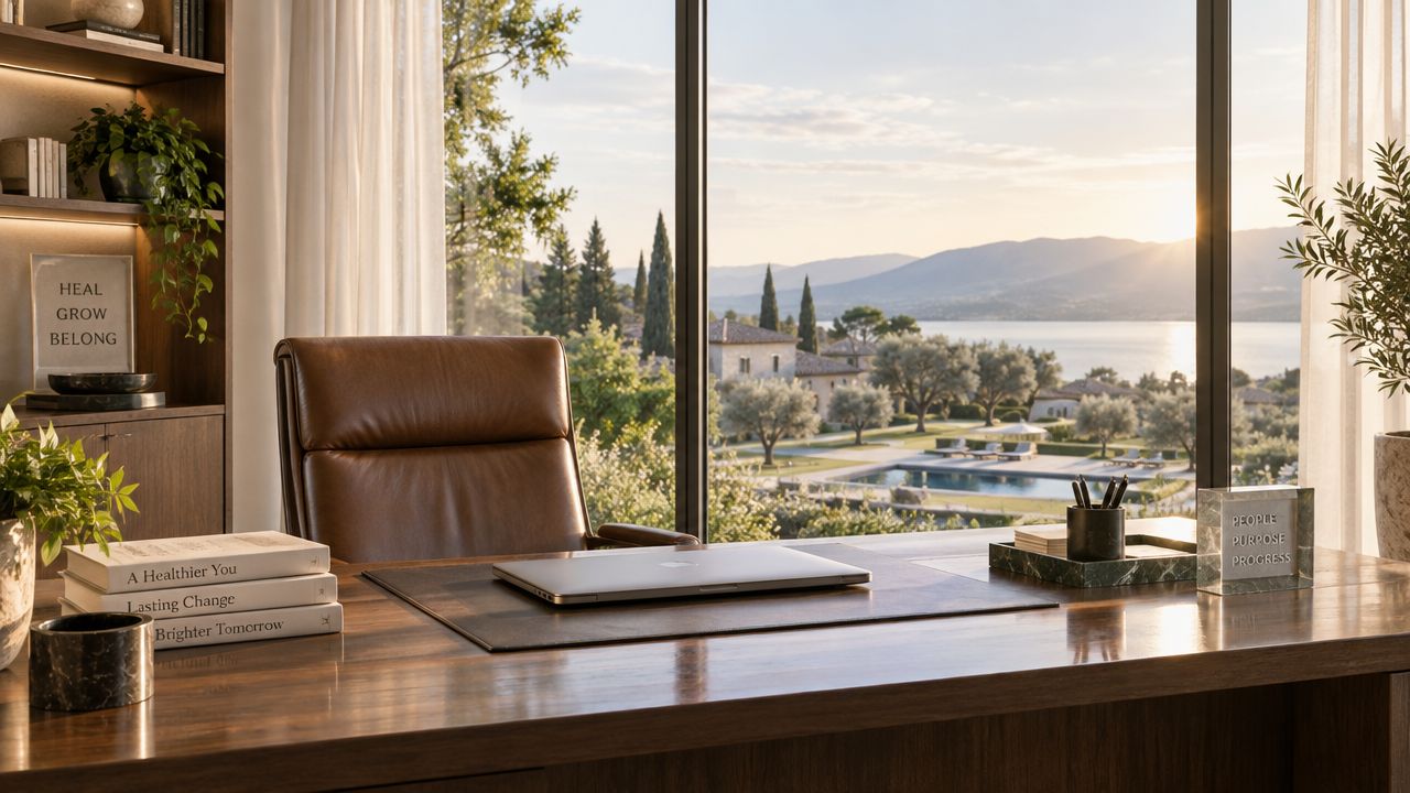 A sophisticated executive home office with a leather chair, laptop, and scenic view of a tranquil lakefront villa.