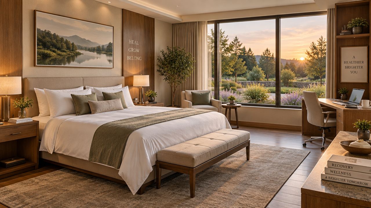 A luxurious and serene bedroom interior designed for relaxation in a high-end wellness or rehabilitation center.