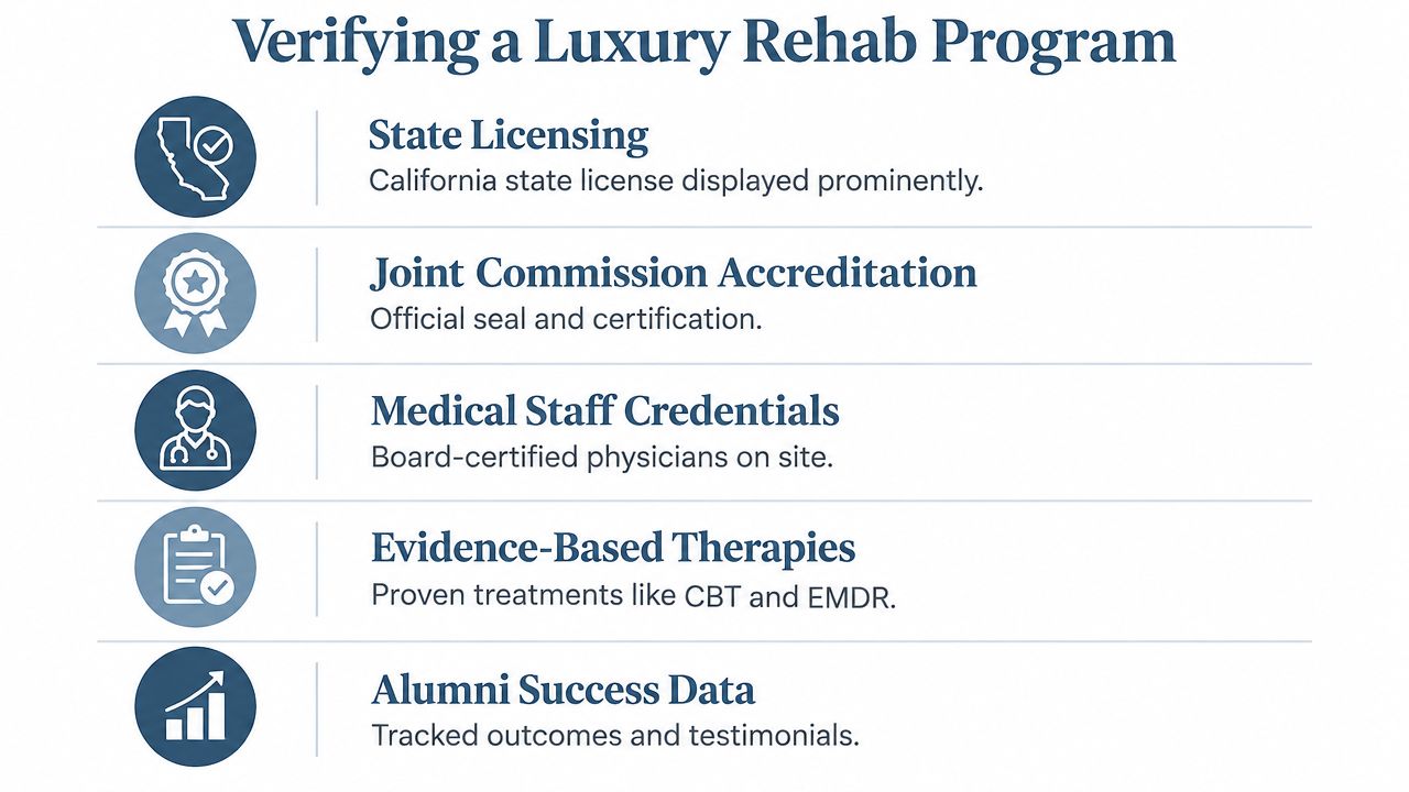 A checklist infographic outlining five key criteria for verifying the quality and legitimacy of luxury rehab centers.