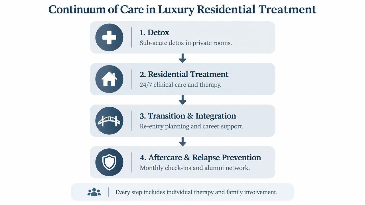 A diagram outlining the four stages of a luxury residential treatment continuum of care program.