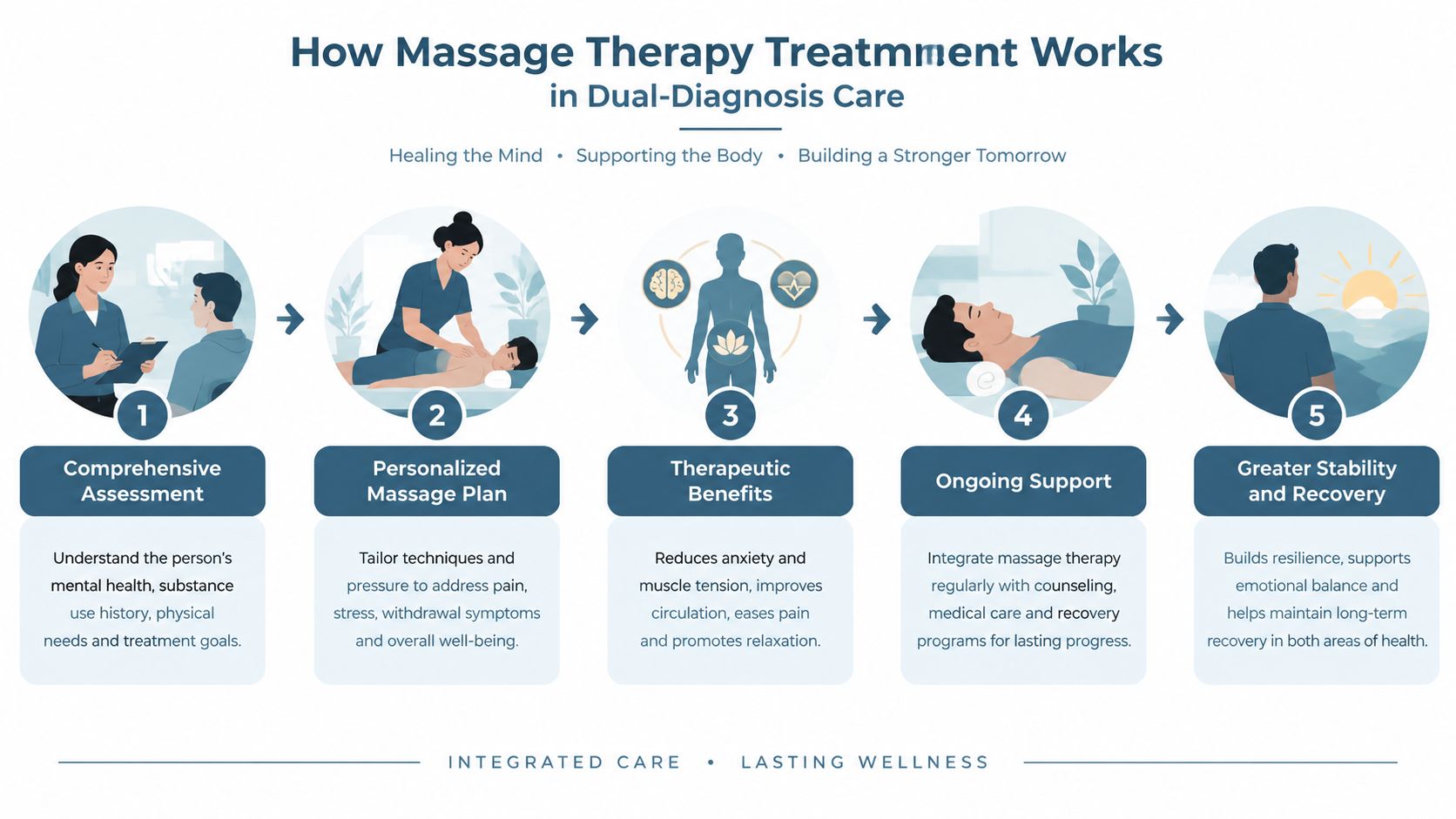 An infographic showing the five-step process of using massage therapy within dual-diagnosis treatment for mental health and recovery.