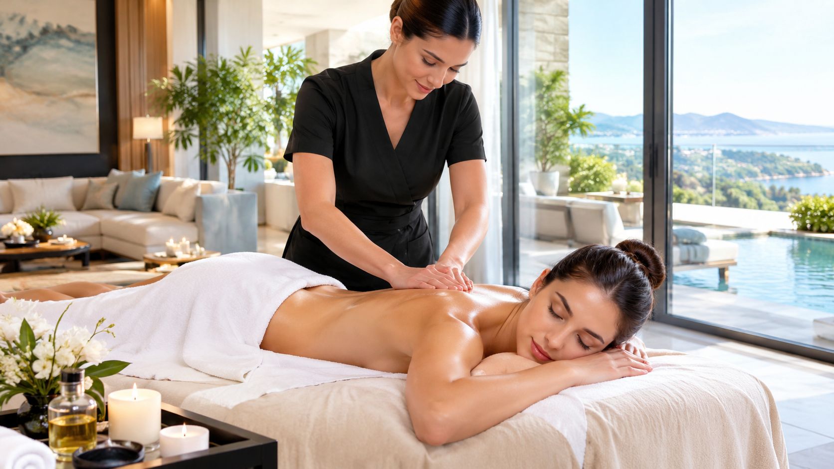 A professional massage therapist provides a relaxing back treatment to a client in a luxury spa room.