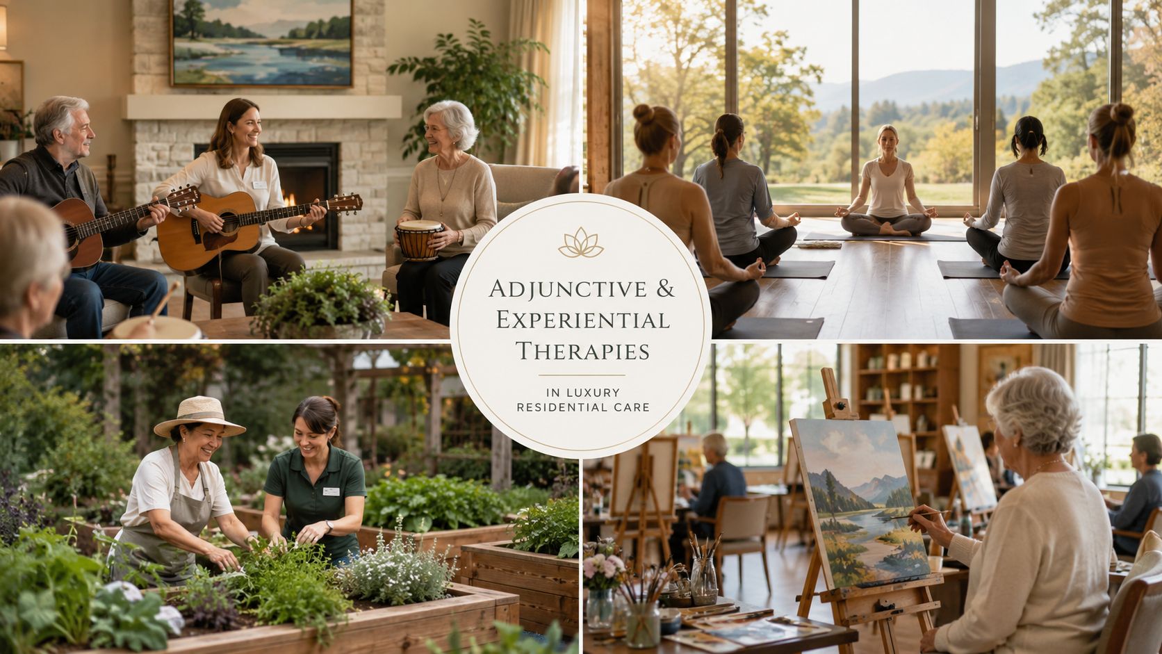 Collage of diverse individuals engaged in therapeutic residential care activities including music, yoga, gardening, and painting classes.