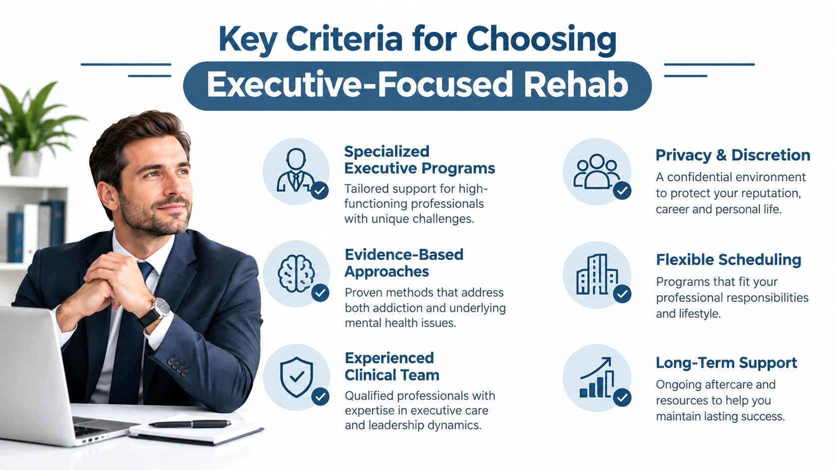 A professional man sitting at a desk considering the key criteria for choosing an executive-focused rehab facility.