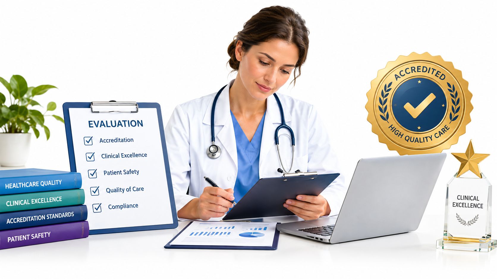 A professional female doctor sitting at a desk reviewing medical evaluation documents and clinical excellence awards.