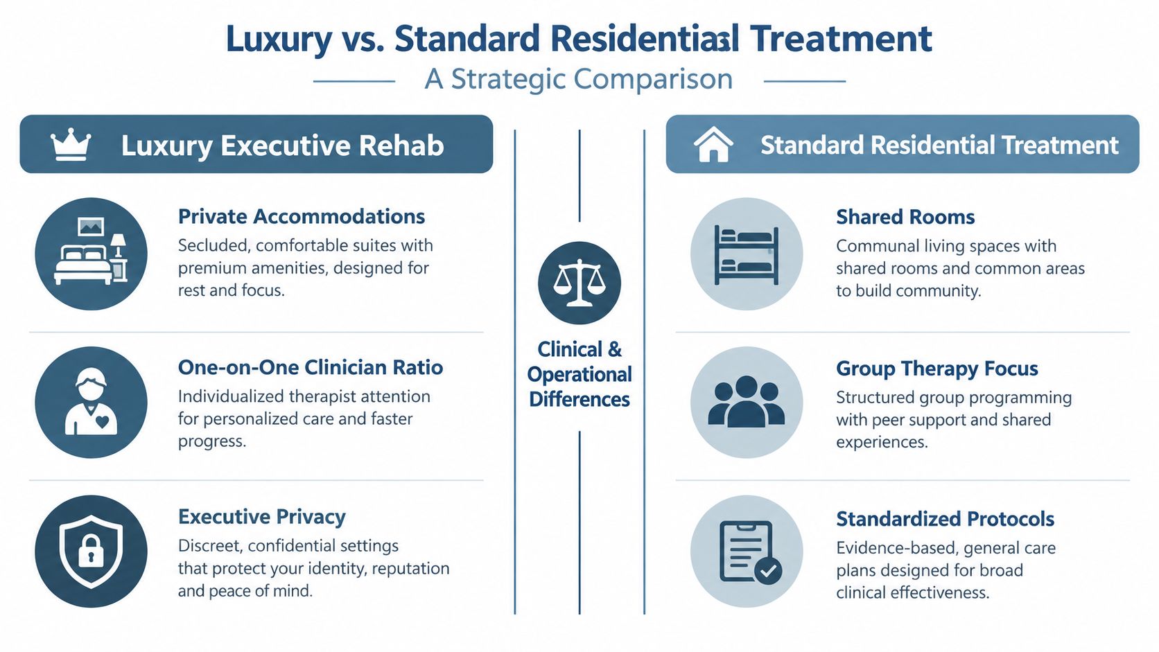 A comparison chart showing differences between luxury executive rehab and standard residential treatment centers in California.