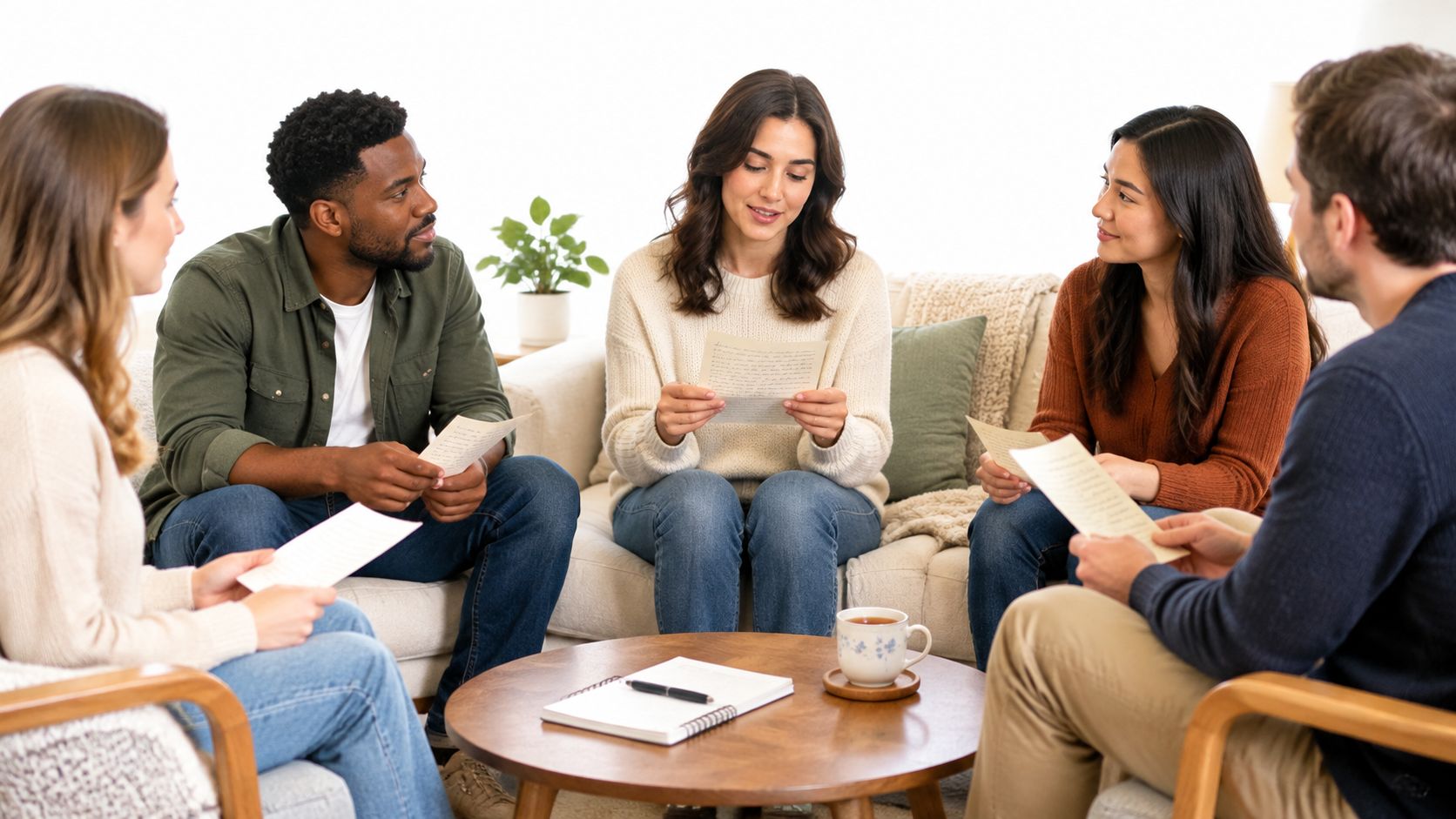 A diverse group of people sitting in a circle reading papers together during a supportive group meeting.