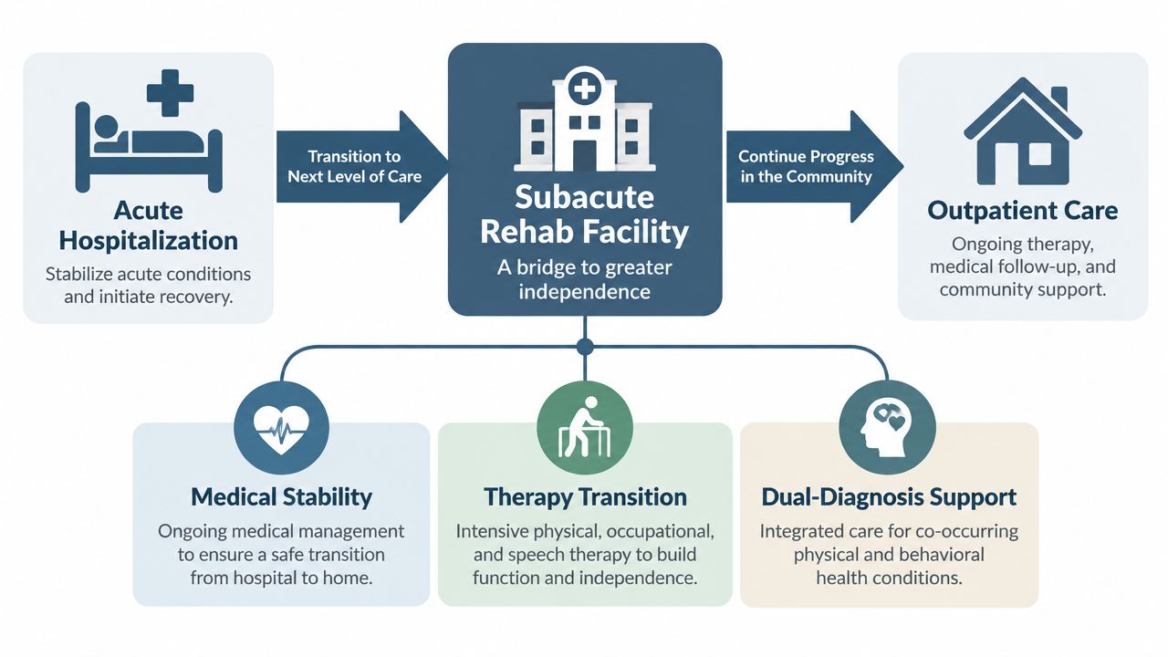 A flow chart illustrating the patient care pathway from acute hospitalization to subacute rehab and outpatient care.