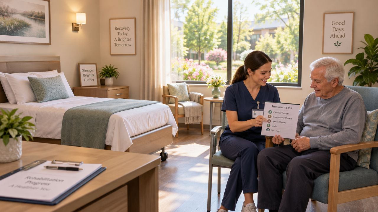 A friendly nurse reviews a treatment plan with an elderly male patient in a bright, modern rehabilitation room.