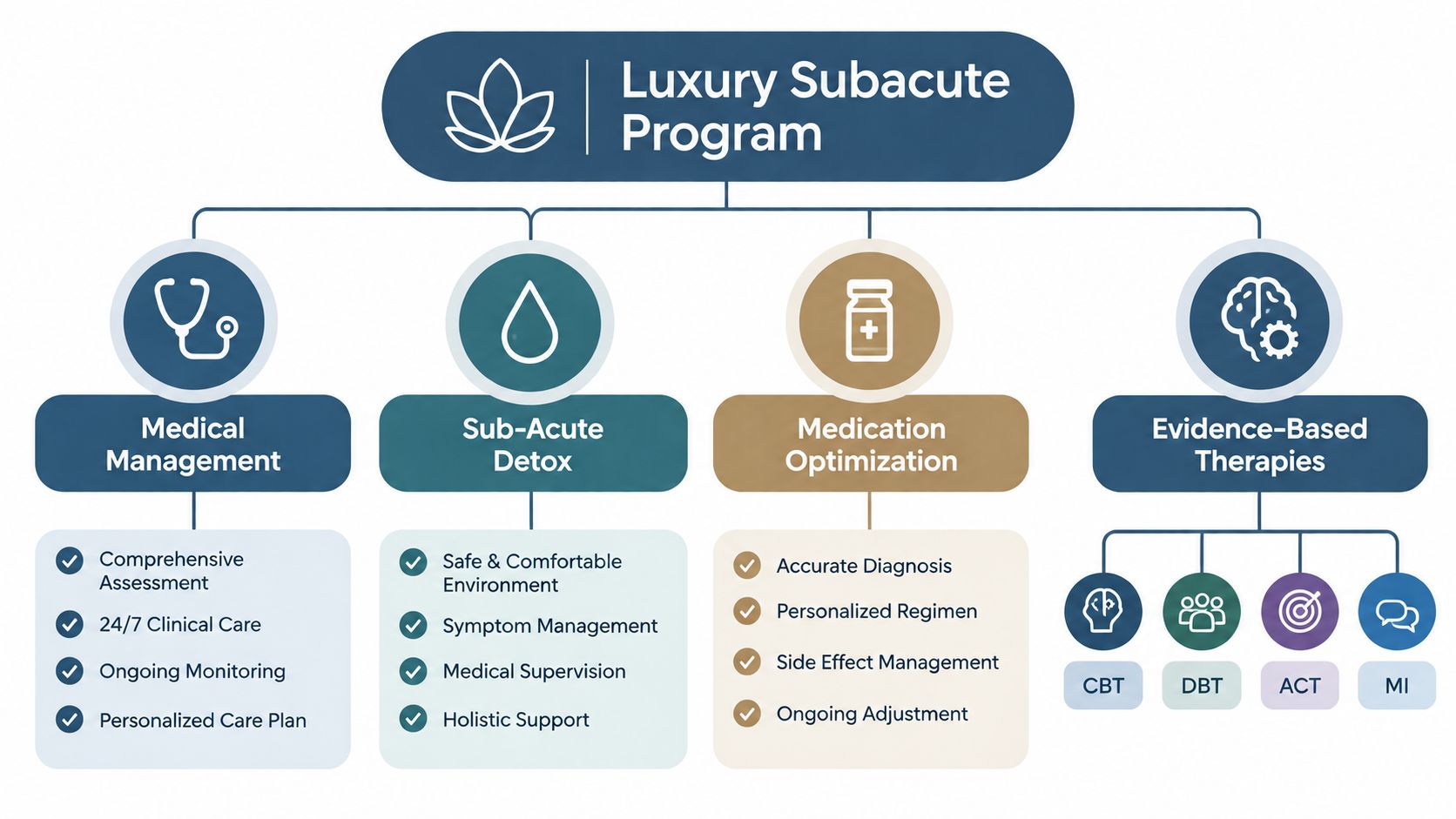 A diagram illustrating the four key components of a Luxury Subacute Program for health and wellness.