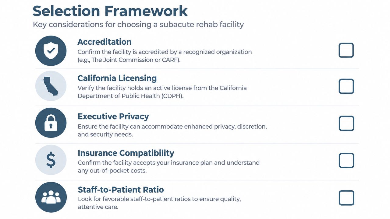 A selection framework infographic listing five key considerations for choosing a high-quality subacute rehab facility.