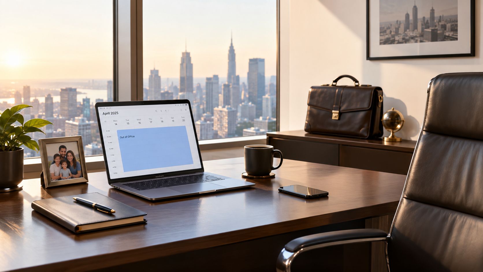 A modern executive office desk overlooking a city skyline at sunset with a laptop displaying a calendar.