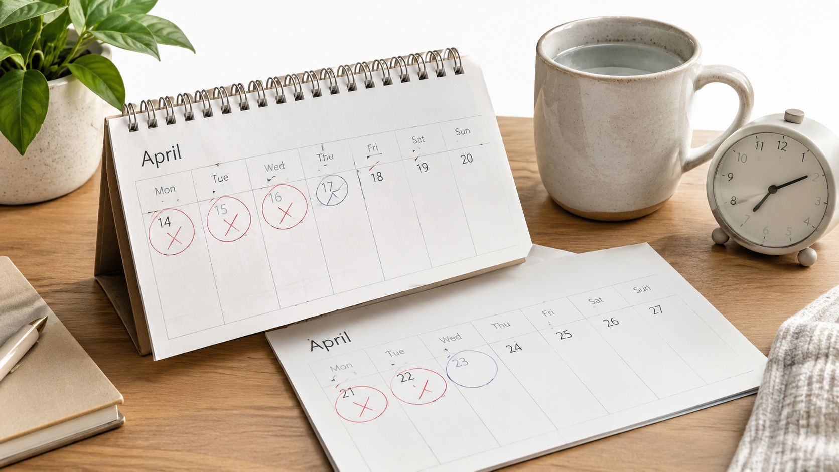 A monthly calendar on a wooden desk with dates marked with red crosses to track progress.