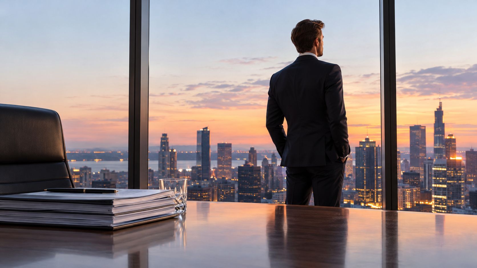 A professional man in a business suit gazes out of a high-rise window at a city skyline.