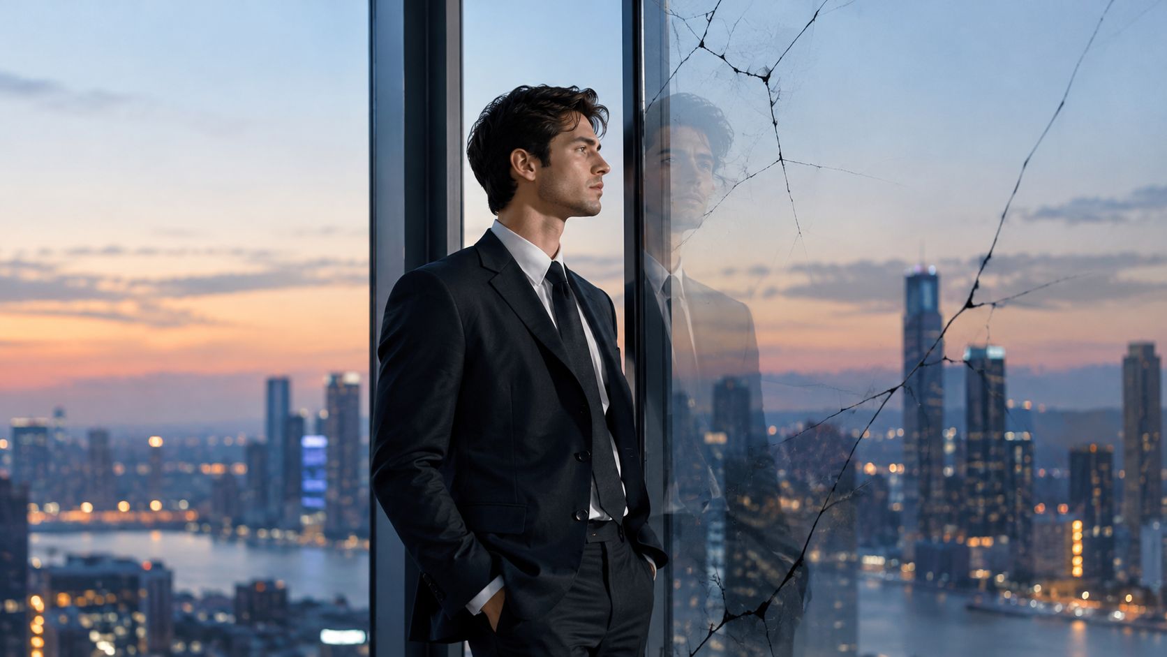 A professional man in a business suit stands looking out of a cracked glass window at sunset.