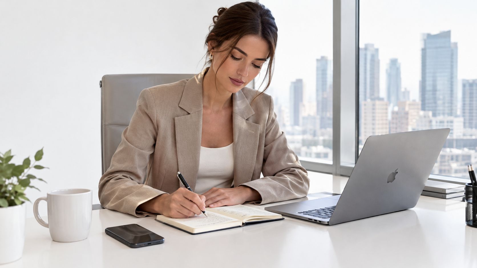 A professional woman writing in a notebook while sitting at her desk in a modern office building.