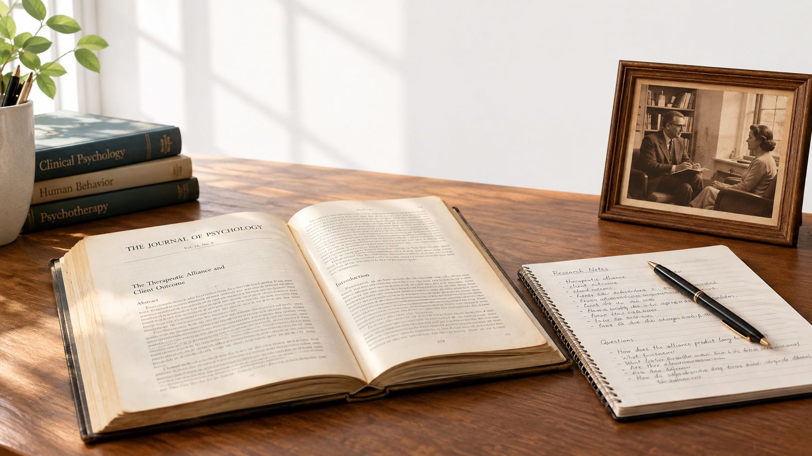 A wooden desk holding a psychology journal, a notebook with handwritten research notes, and a framed vintage photograph.