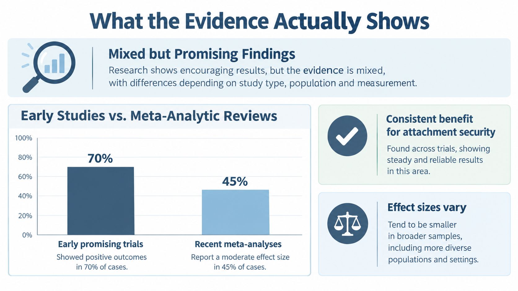 A chart illustrating mixed evidence comparing early promising trials to recent meta-analyses in attachment based therapy research.
