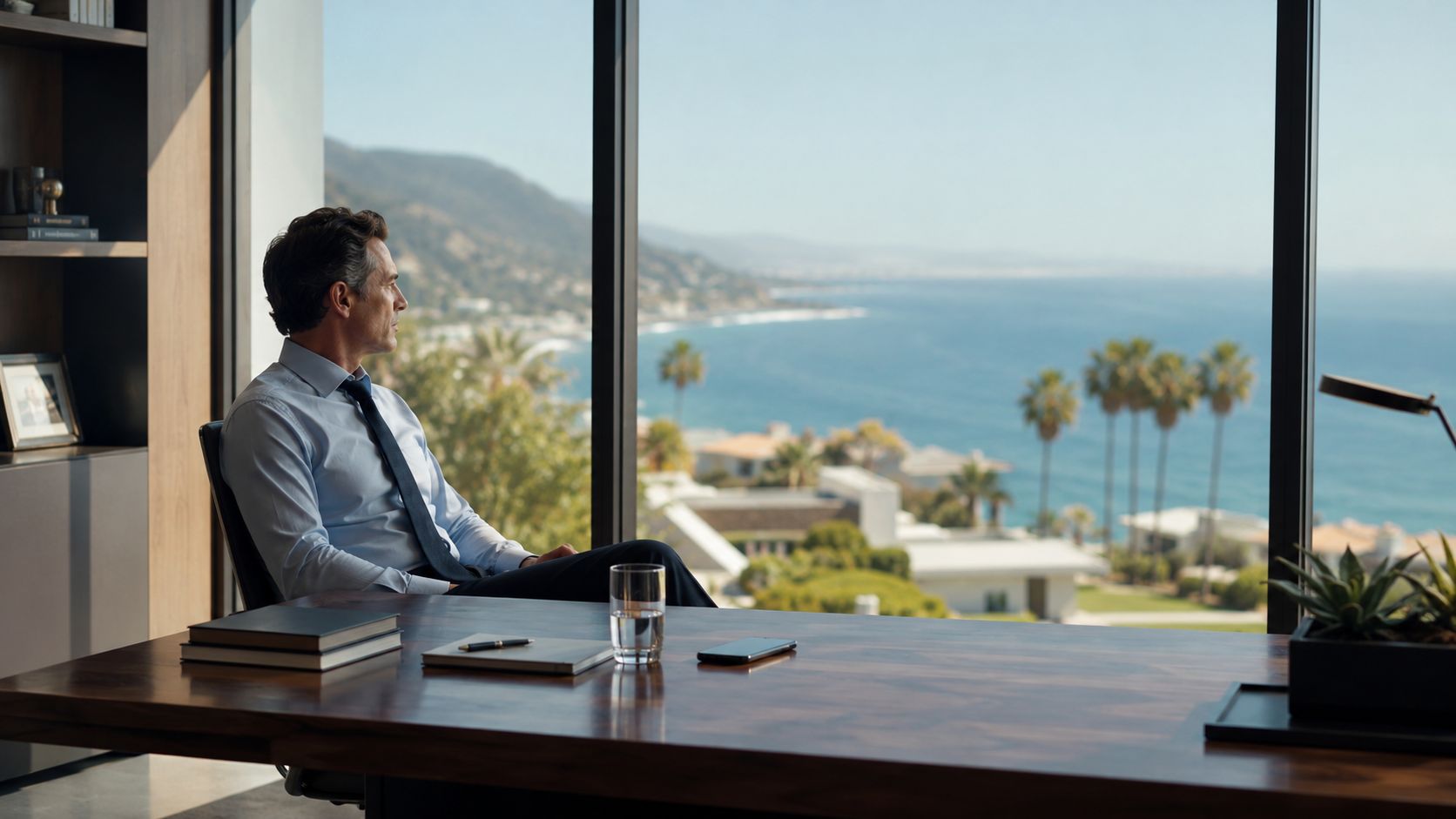 A professional man sitting at a desk in a modern office looking out at a scenic coastal view.