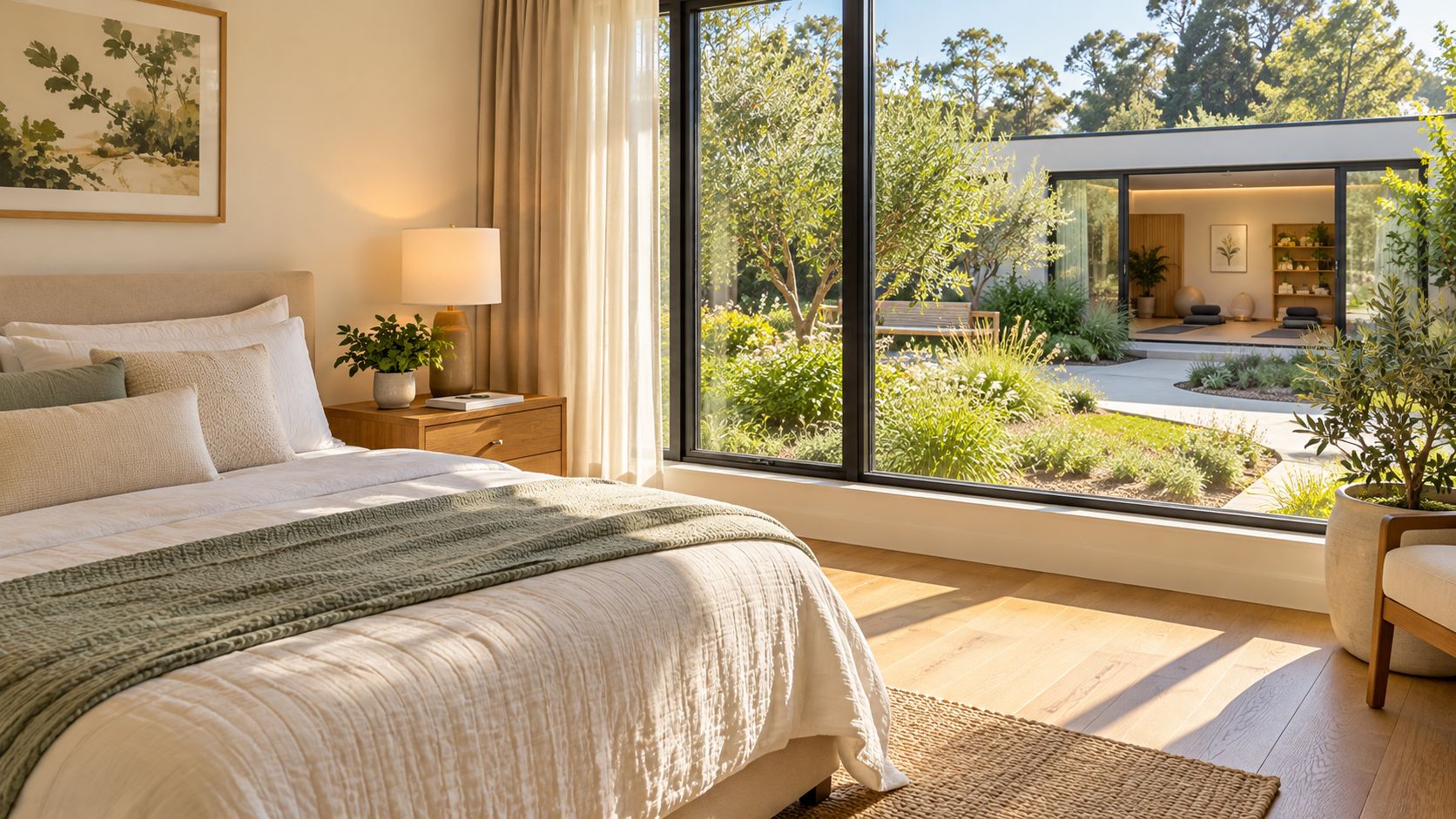A serene bedroom with a comfortable bed looking out through large windows into a lush garden courtyard.