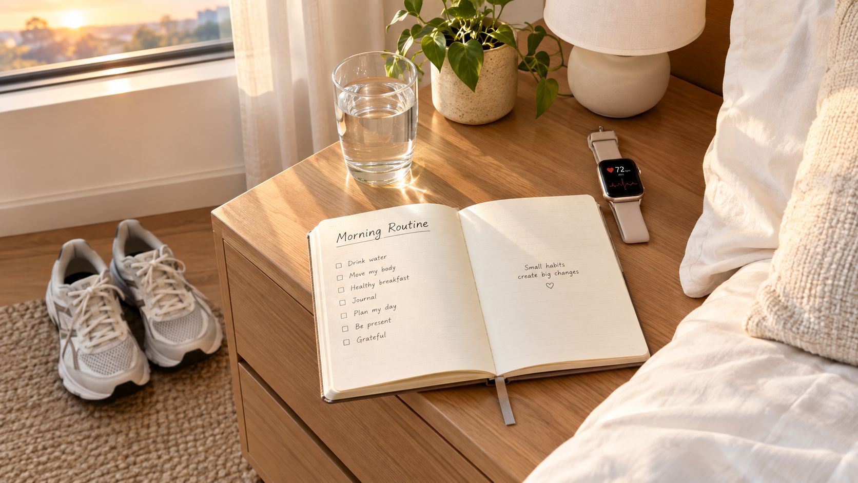A morning routine checklist inside an open notebook on a wooden nightstand next to running shoes.