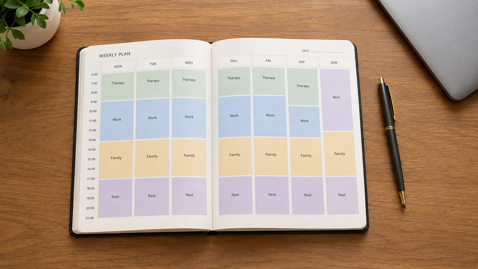 A weekly planner open on a wooden desk with a pen and a small plant nearby.