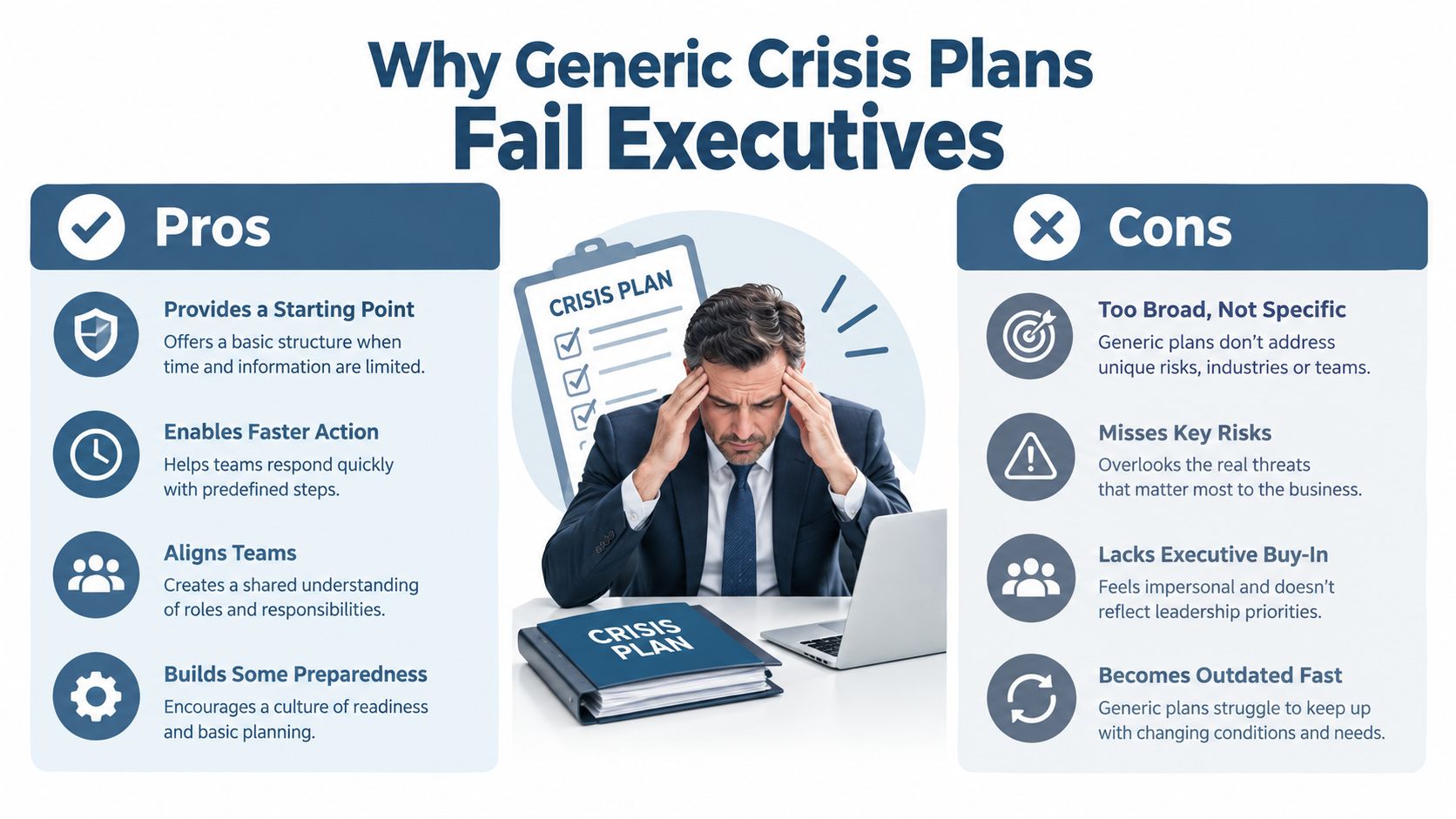A stressed executive reviewing a generic crisis plan, highlighting the pros and cons of standardized emergency strategies.
