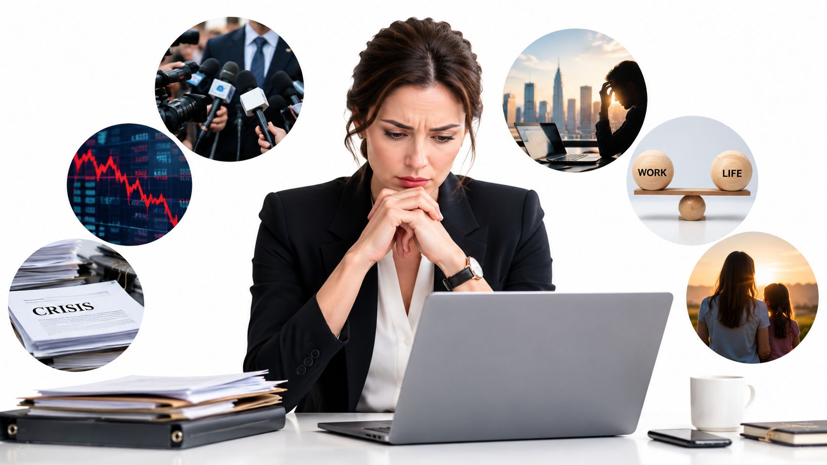 A stressed businesswoman sits at her desk, surrounded by conceptual imagery representing professional crisis and life balance.