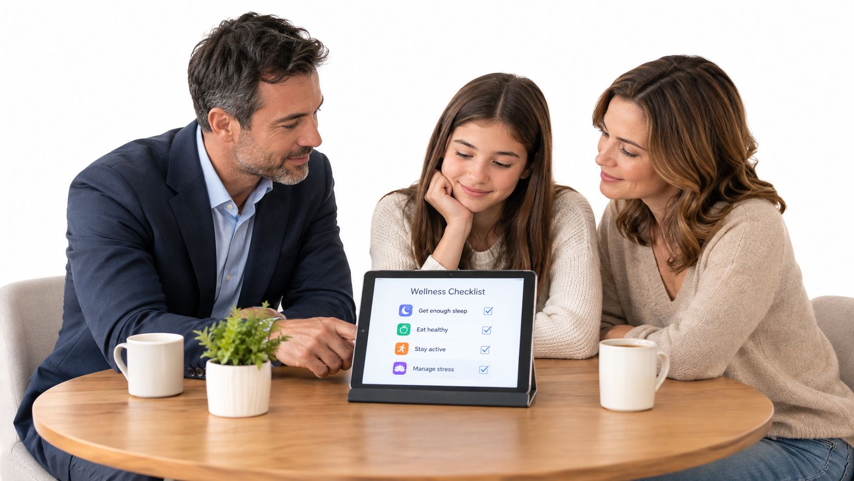 A family reviewing a wellness checklist on a digital tablet while sitting together at a wooden table.