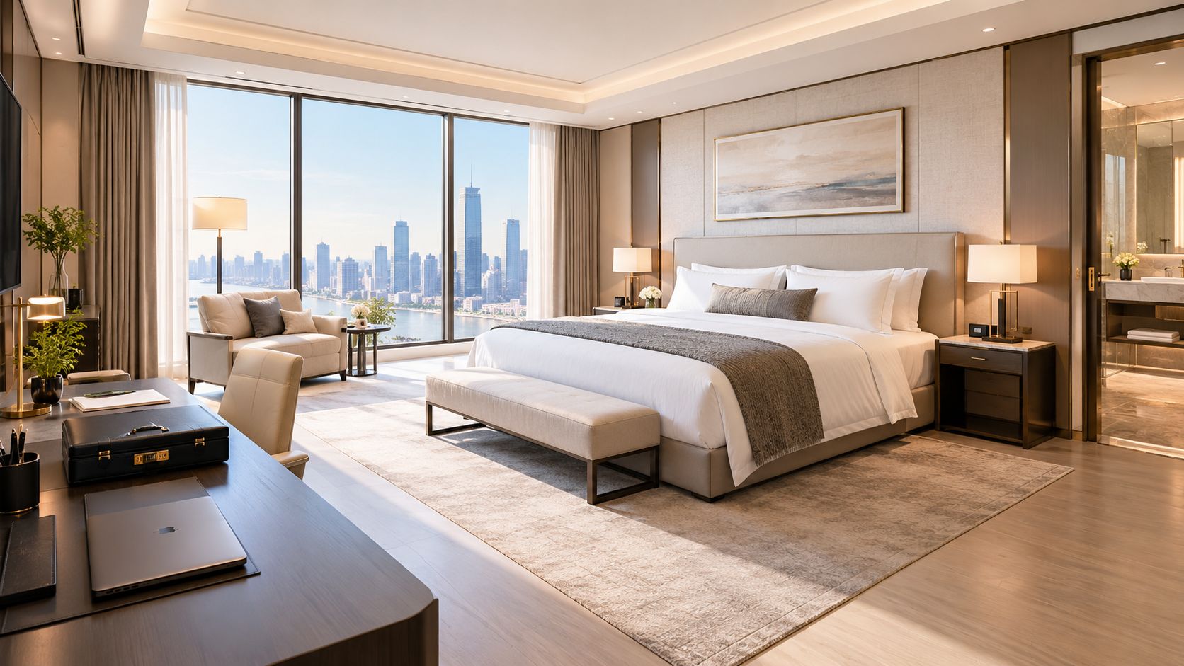 A modern, luxury hotel bedroom featuring a large bed, workspace, and floor-to-ceiling windows overlooking a city skyline.