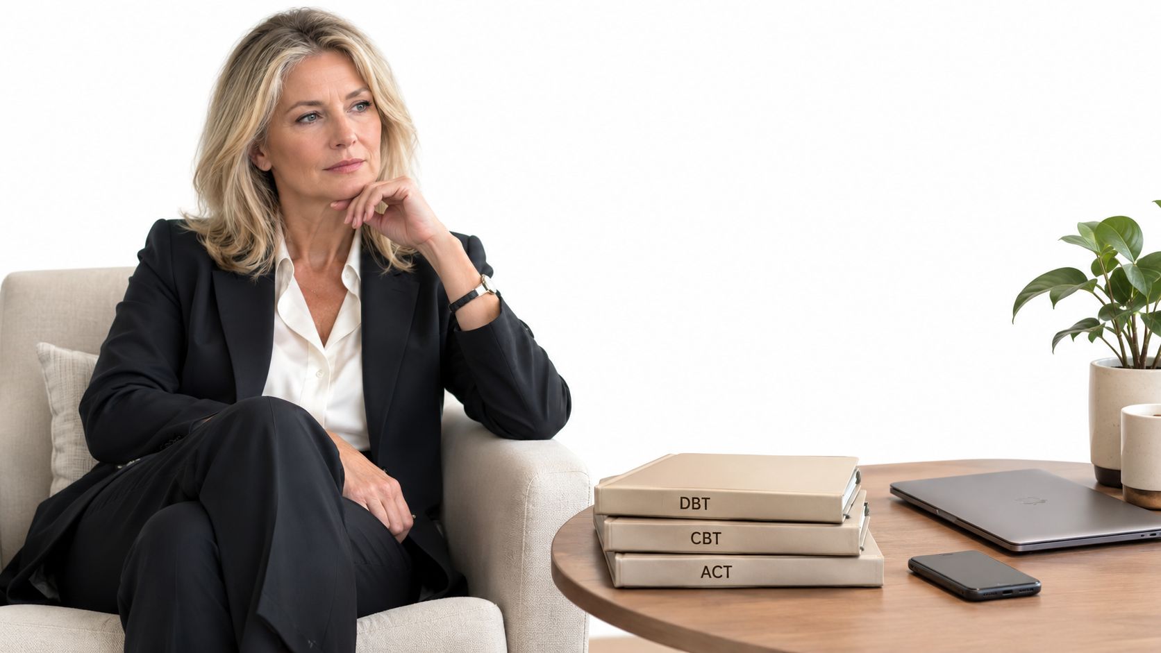 A professional woman in a suit sitting in an armchair next to a table with therapy-related books.