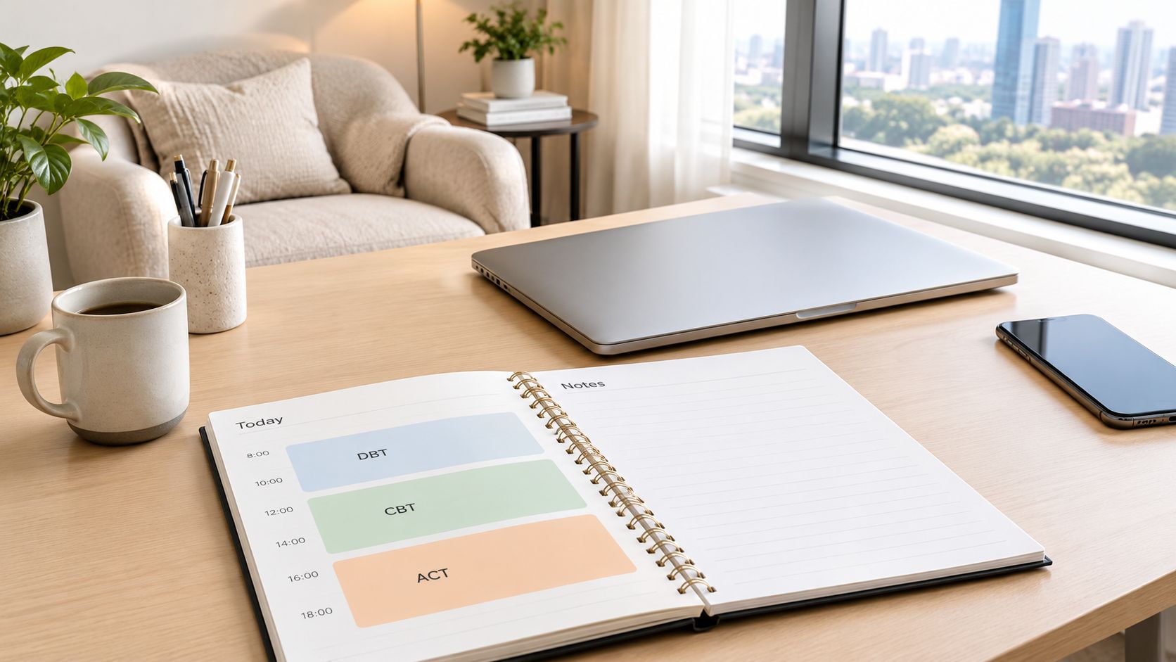 A clean desk workspace with a laptop, smartphone, coffee mug, and an open planner showing therapy schedules.
