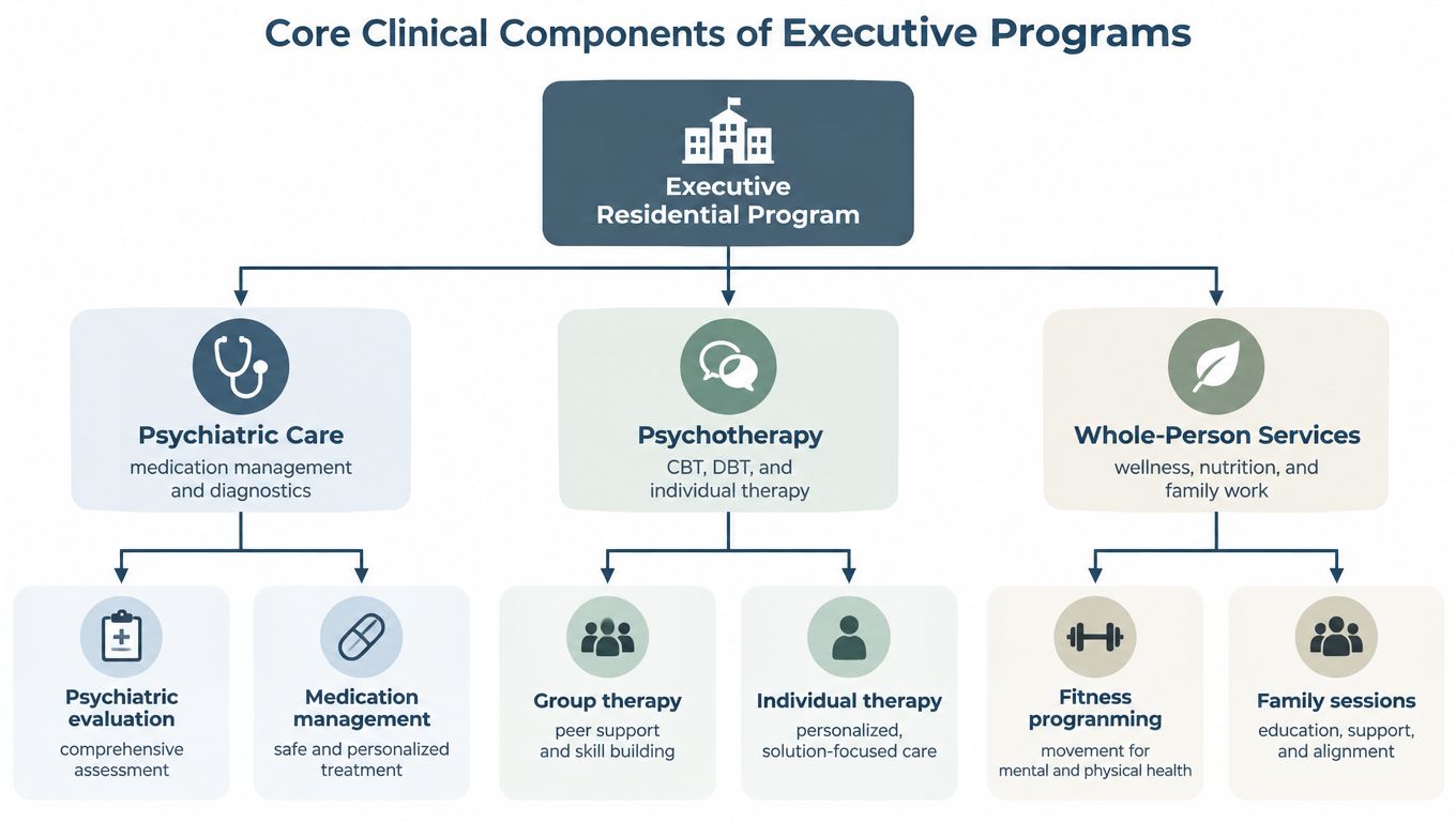 A diagram outlining the core clinical components of executive residential programs, including psychiatric care, psychotherapy, and wellness services.