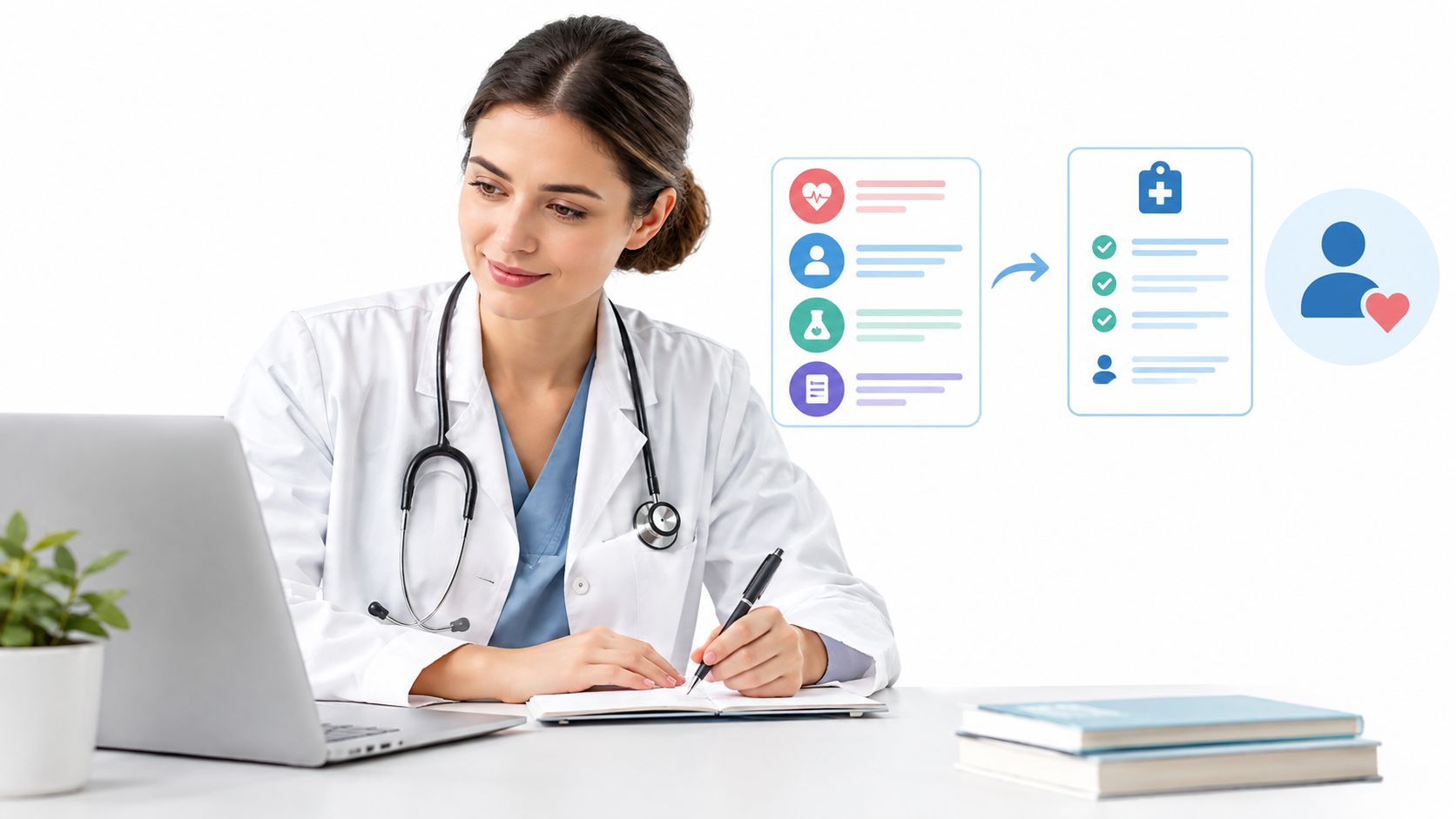 A professional female doctor sitting at a desk and reviewing patient medical data on a laptop.