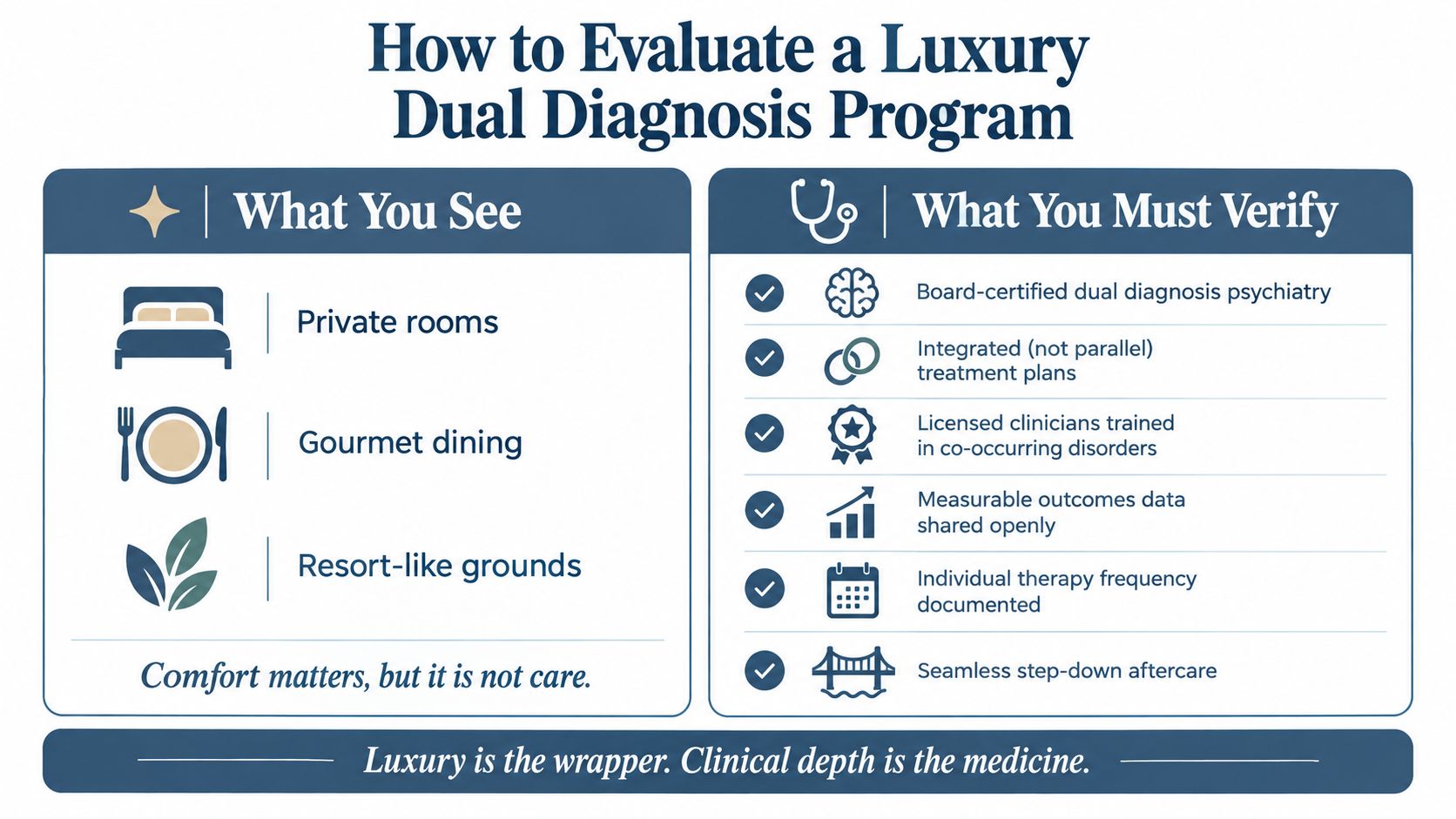 An infographic titled How to Evaluate a Luxury Dual Diagnosis Program, contrasting amenities with clinical requirements.