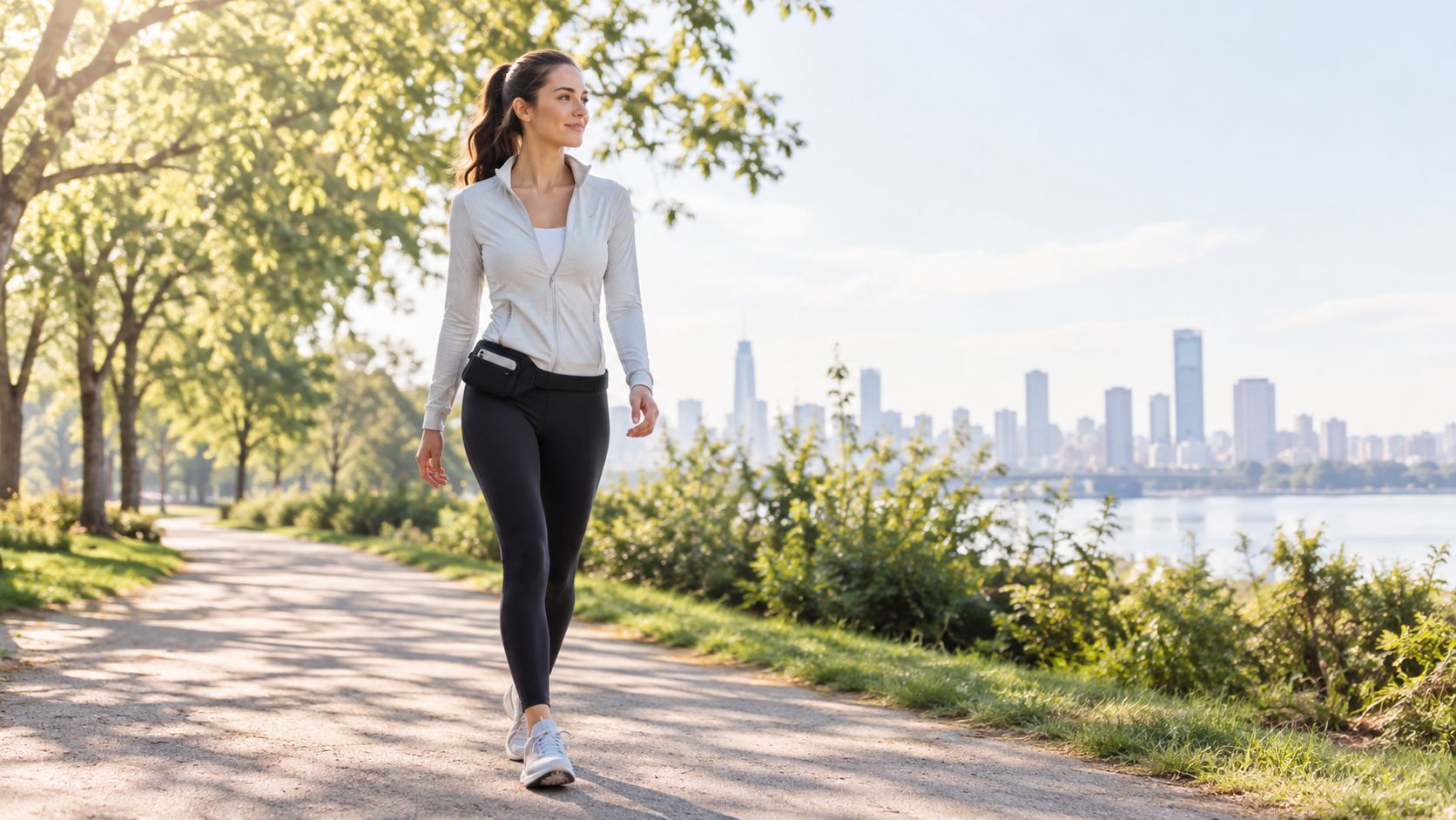 A woman walks along a sunny waterfront path with a city skyline in the background, enjoying exercise.