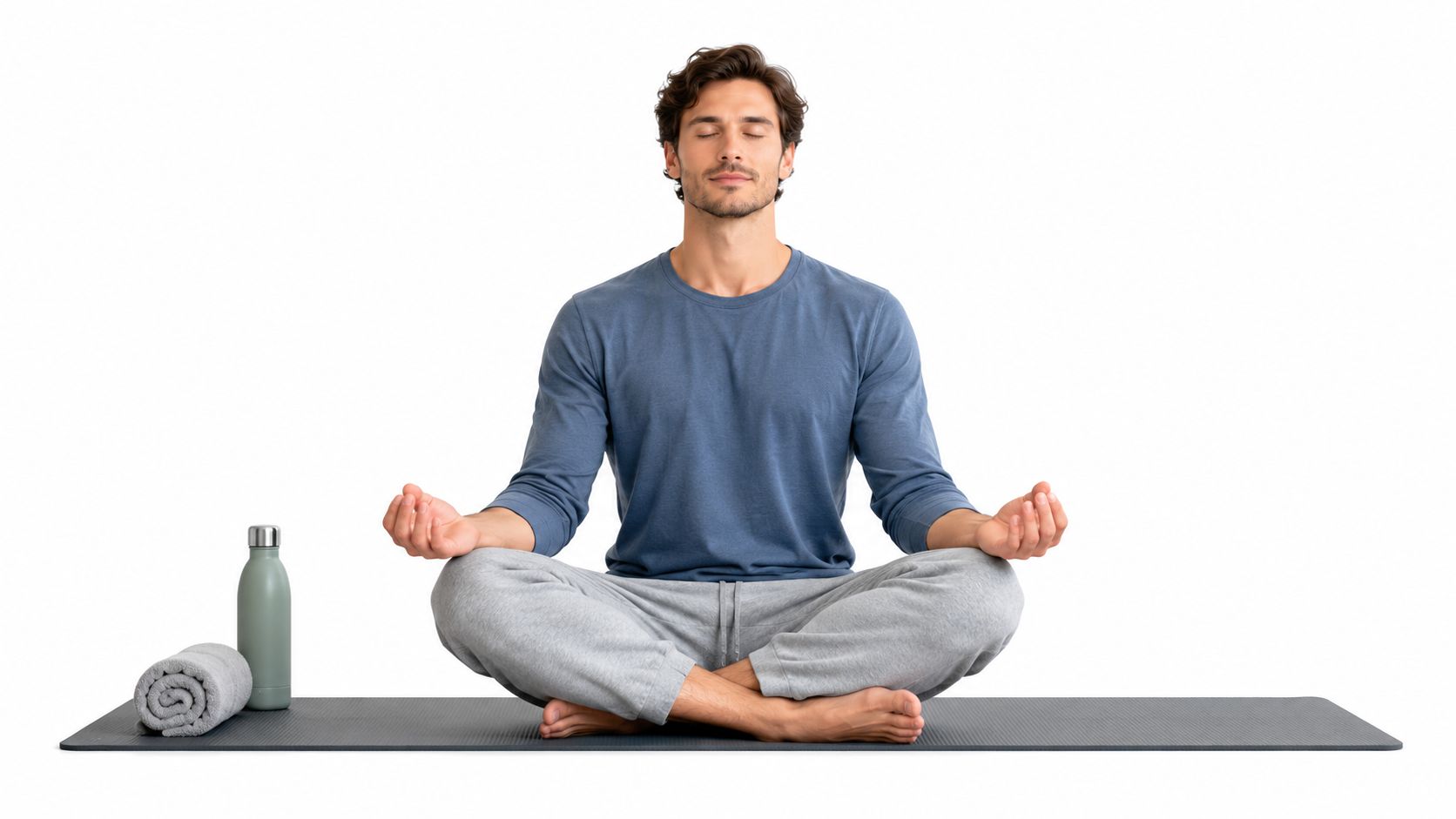 A man practicing meditation on a yoga mat with a water bottle and rolled towel beside him.