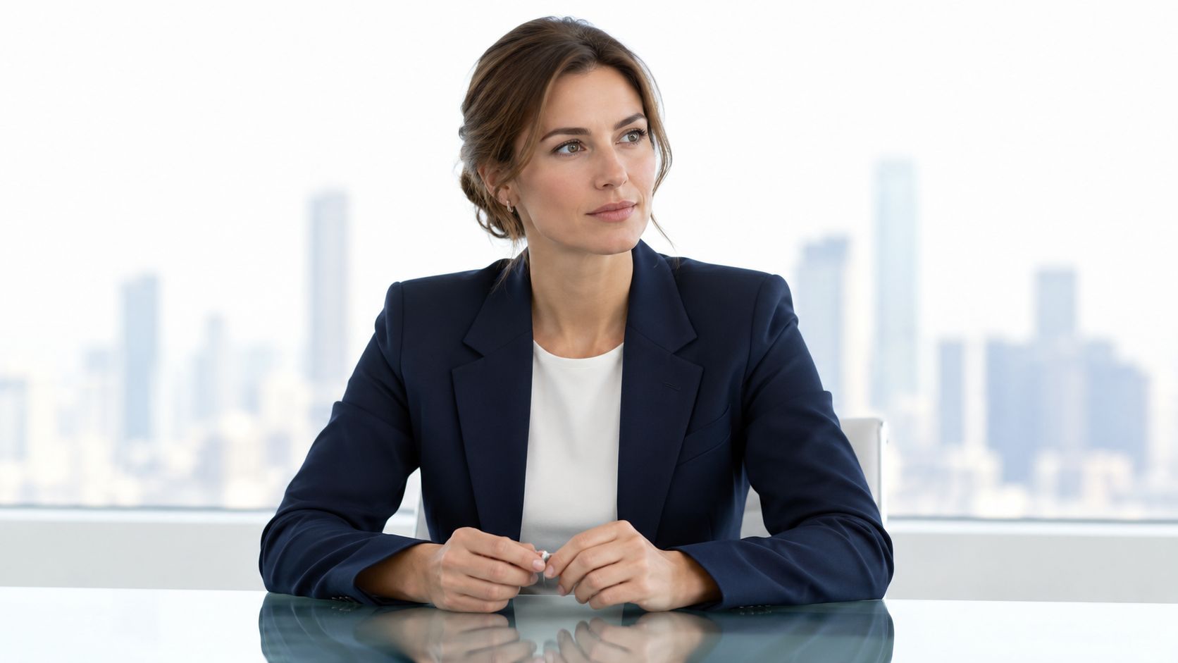 A professional woman in a suit sitting at a glass desk holding a small fidget toy.