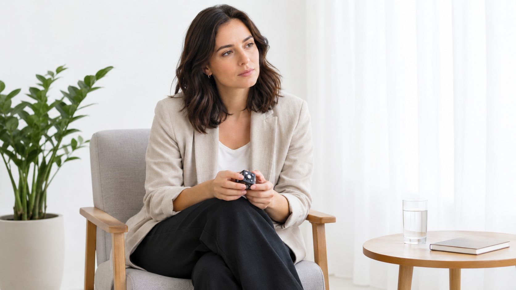 A professional woman sitting in a chair holding a small fidget cube to manage her anxiety.