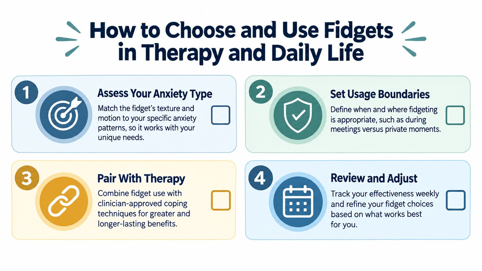 An infographic titled How to Choose and Use Fidgets in Therapy and Daily Life with four steps.