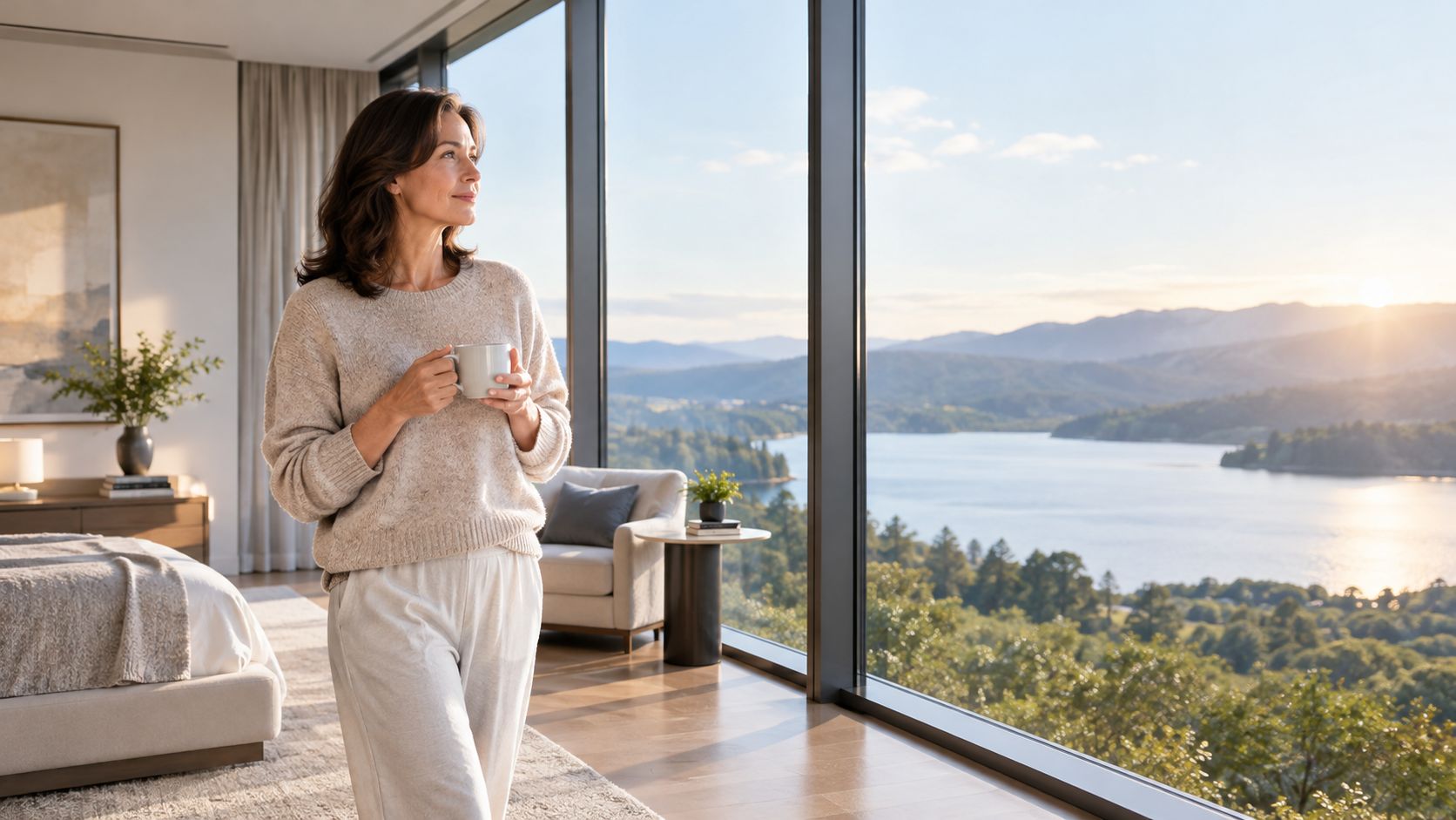 A woman holding a coffee cup, looking out a large window at a peaceful lake and mountain view.