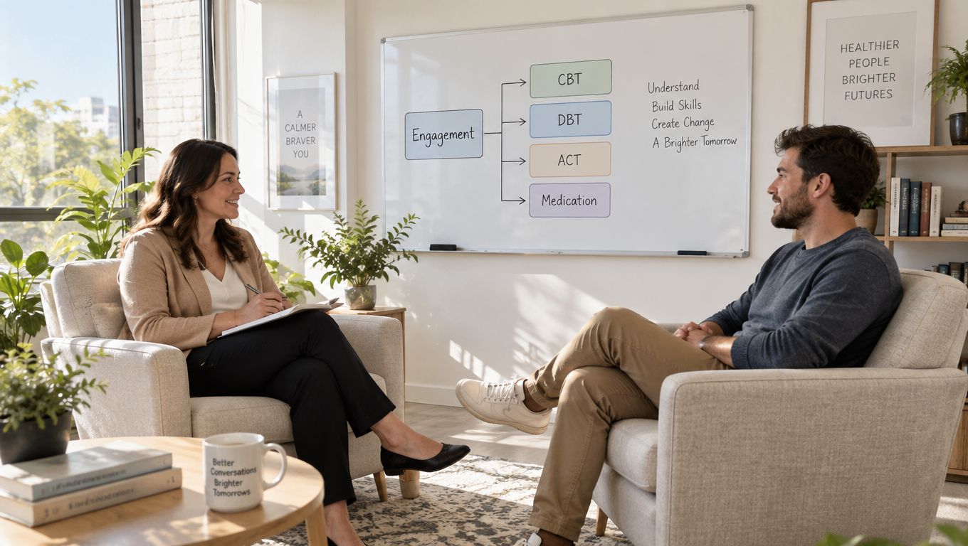 A professional therapist holds a session with a patient in a bright, modern office with informative charts.