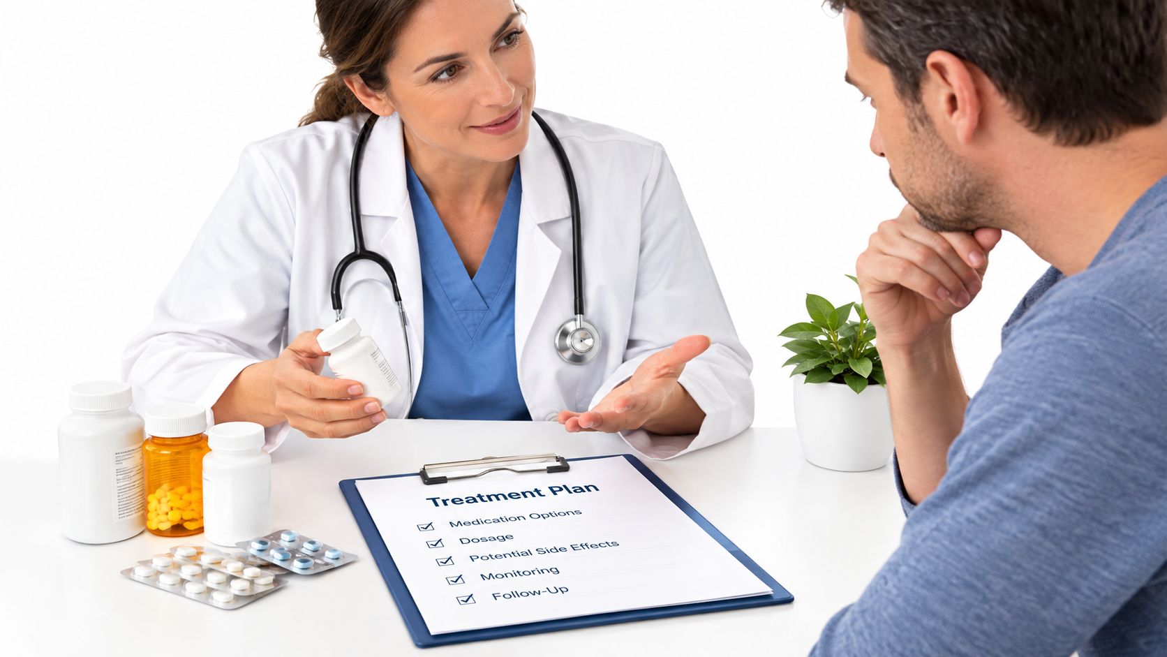 A friendly female doctor discusses a treatment plan with a male patient at a white desk.