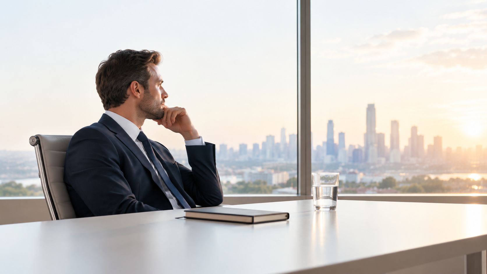A professional businessman in a suit sitting at a desk and looking out the window at city.